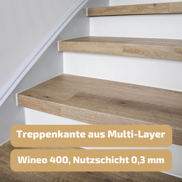 Treppenverkleidung/Treppenstufen aus Multi-Layer Klickvinyl Nutzschicht 0,3 mm Intensive Oak Honey Überschub